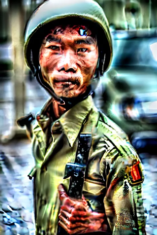 Prompt: vietnam soldier with skateboard, pulitzer award, extreme close up, captured by nikon d 8 5 0, 4 k, body features, face features, bokeh, proportional, details, object features, by daniel berehulak and adnan abidi and preston gannaway