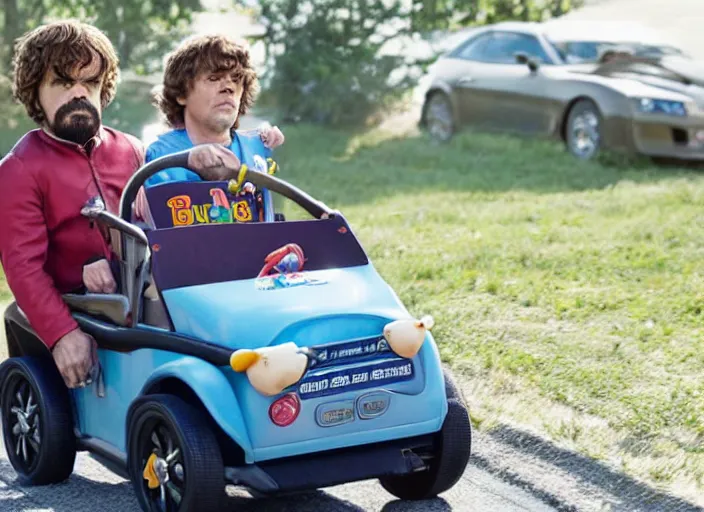 Image similar to peter dinklage and buert reynolds driving a little tikes cozy coupe, movie still, from the new smokey and the bandit movie, 8 k, realistic