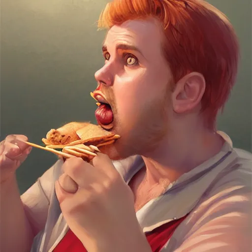 Prompt: portrait of a blonde chubby woman eating kebab, light stubble with red shirt ,digital art,photorealistoc,art by greg rutkowski,hyperdetailed,western comic style,comic,comic style,sharp lineart,professional lighting,deviantart,artstation,trevor henderson,rossdtaws,cinematic,dramatic