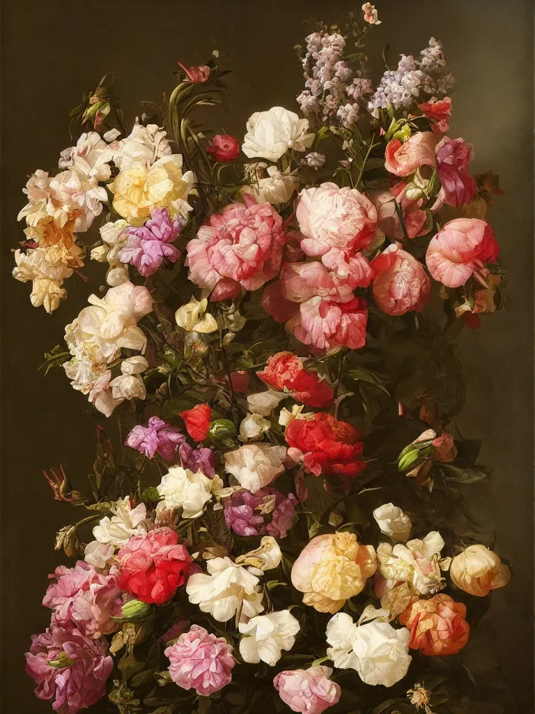 Prompt: highly detailed, realistic, still life with flowers, Dutch painting, old masters, iris, lillies, leaves, roses, peonies, marigold, roses, cherry blossoms, apple blossoms, in the style of Rachel Ruysch