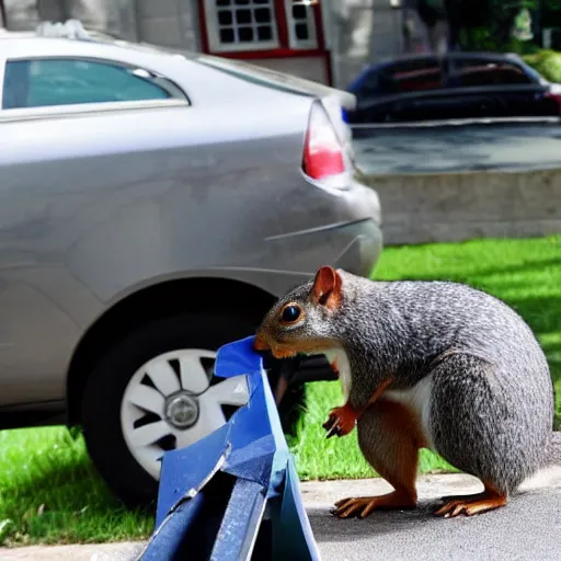 Image similar to a dog-cop ticketing a squirrel with a fine for speeding