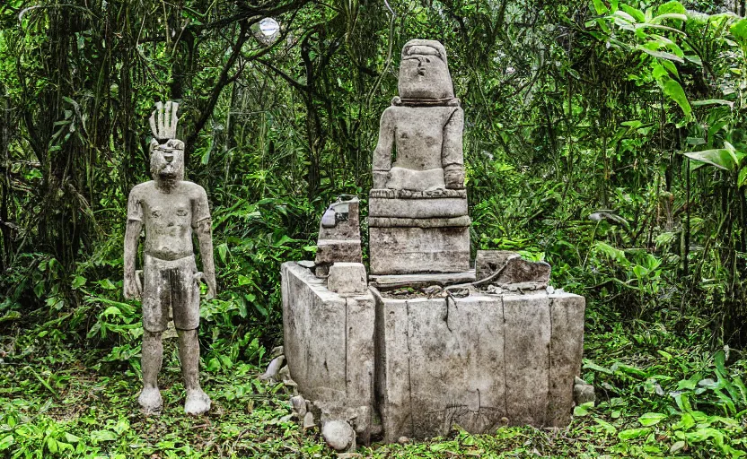 Image similar to ancient jungle altar with giant statue of SpongeBob, abandoned, overgrown, atmospheric, cgisociety