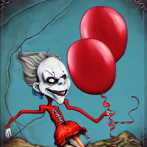 Prompt: grunge cartoon painting of a snake with a wide smile and a red balloon by chris leib, loony toons style, pennywise style, corpse bride style, horror theme, detailed, elegant, intricate