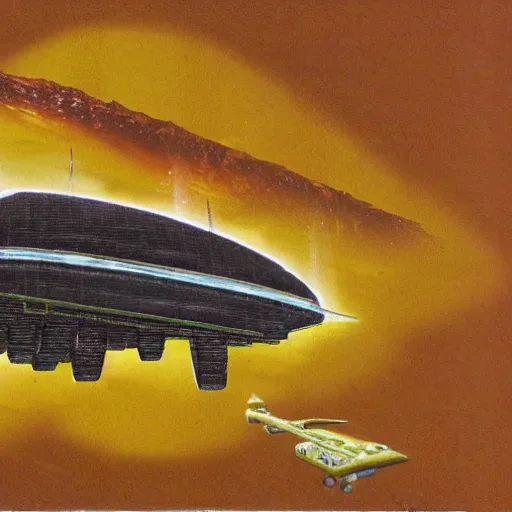 Prompt: spaceship made of steak in the style of chris foss