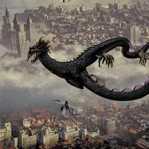 Image similar to 7 headed dragon flying in a city