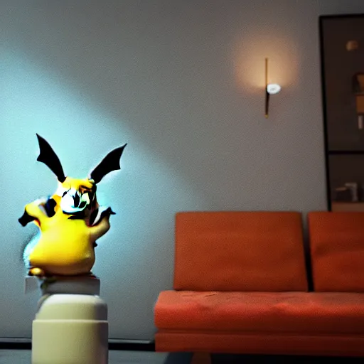 Image similar to Pikachu taking a bong rip on the couch, unreal engine 5, octane render, cgsociety, living room interior, soft lighting, ray tracing,