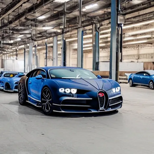 Image similar to an abandoned, derelict, rusty bugatti chiron in a dirty warehouse