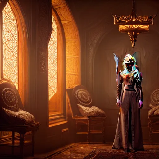 Image similar to the elder scrolls vi, charismatic regal blonde high elf female jarl, portrait, exquisitely designed throne room, atmospheric lighting, painted, intricate, volumetric lighting, beautiful, daytime, slight overcast, sharp focus, deep colours, ultra detailed, by leesha hannigan, ross tran, thierry doizon, kai carpenter, ignacio fernandez rios