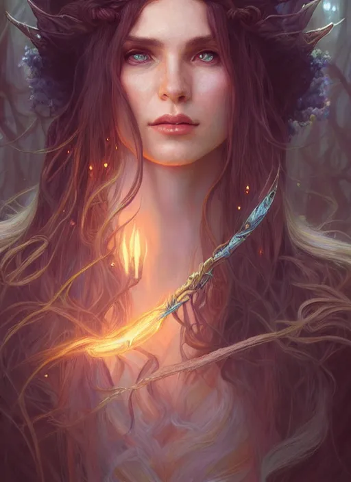 Prompt: portrait of a fantasy elf female sorceress queen with long hair flowing in an ancient forest filled with magic, highly detailed, digital painting, artstation, smooth, sharp focus, illustration, art by artgerm and greg rutkowski and alphonse mucha, fine face