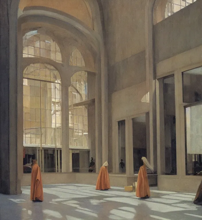 Image similar to magnificent woman in transparent robes, in magnificent shopping mall, oil painting by edward hopper, zdislav beksinski, wayne barlowe