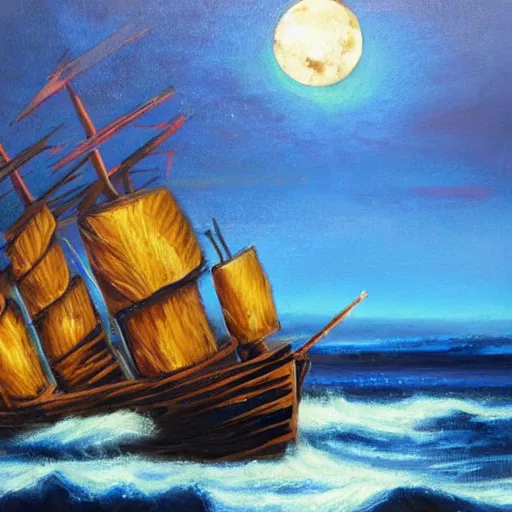 Image similar to a wooden ship in a storm in the ocean, full moon, blue light, oil painting