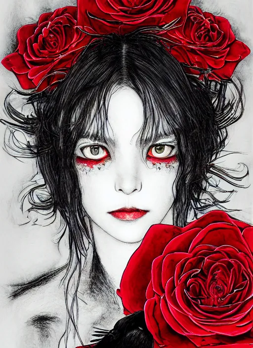 Prompt: portrait, A proud crow with red eyes in front of the full big moon, book cover, red roses at the top, red white black colors, establishing shot, extremly high detail, foto realistic, cinematic lighting, pen and ink, drawing, by Yoshitaka Amano, Ruan Jia, Kentaro Miura, Artgerm, post processed, concept art, artstation, matte painting, style by eddie mendoza, raphael lacoste, alex ross