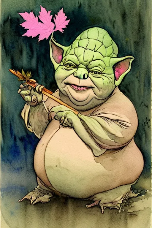 Image similar to a realistic and atmospheric watercolour fantasy character concept art portrait of a fat yoda with pink eyes smiling and holding a blunt with a pot leaf nearby, by rebecca guay, michael kaluta, charles vess and jean moebius giraud