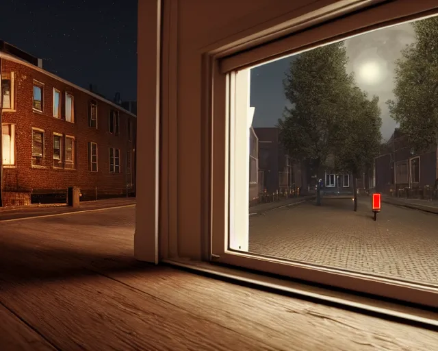 Prompt: view of a moonlit street in de rosse buurt, a window with a red light containing an nvidia gpu wearing a miniskirt, cash on a sidetable, photorealistic atmospheric sensual lighting documentary