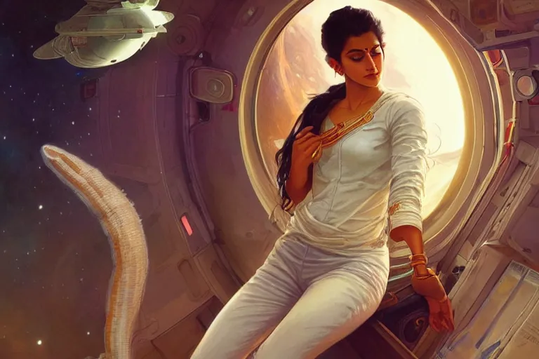 Image similar to Sensual good looking pale young Indian doctors wearing jeans in a space station above Earth, portrait, elegant, intricate, digital painting, artstation, concept art, smooth, sharp focus, illustration, art by artgerm and greg rutkowski and alphonse mucha