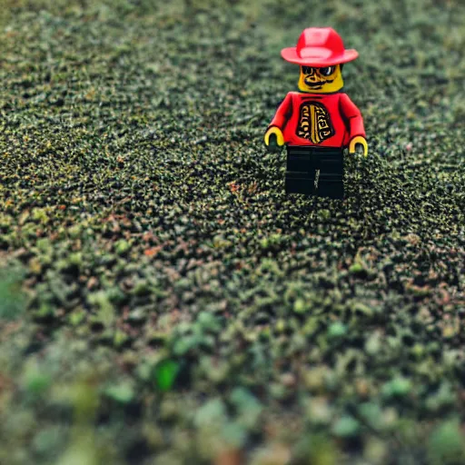 Prompt: macro photography of a minifigure walking in the grass, 3 5 mm