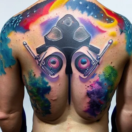 Image similar to backside on the shoulders is a tattoo of a 3 d hole in the skin with soft multicolored 3 d robotic mechanics and glowing computerparts and cables inside under the skin, insanely integrate,