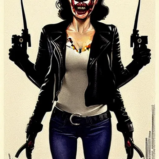 Image similar to Rafael Albuquerque art, Norman Rockwell, pretty Margot Robbie vampire, sharp teeth evil smile, holding handgun, symmetrical face symmetrical eyes, leather jacket, jeans, realistic hands