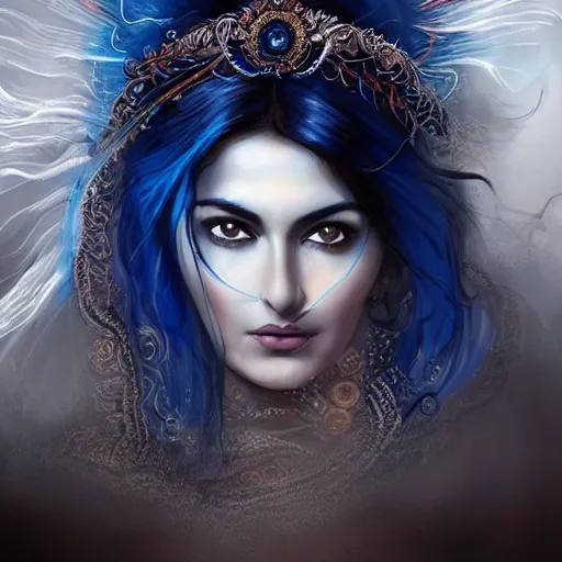 Prompt: India, magic, Beautiful face Portrait of crying young hindu Monica Bellucci, monstrous huge eyes, blue indygo thunder lightning, long wavy black hair, white veil, magic blue fire, closeup, focus face, dramatic lighting, intricate, India, wild, highly detailed, digital painting, artstation, concept art, smooth, sharp focus, illustration, art by artgerm and greg rutkowski and alphonse mucha, footage from space camera