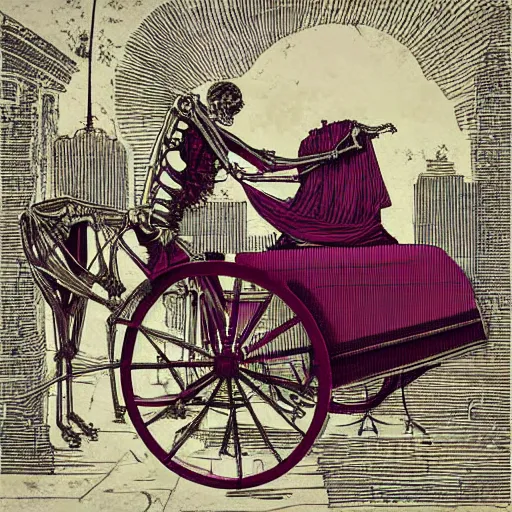 Image similar to The digital art features a human figure driving a chariot. The figure is skeletal and frail, with a large head and eyes. The chariot is pulled by two animals, which are also skeletal and frail. magenta by Adrian Tomine, by Vittorio Matteo Corcos distorted, intuitive