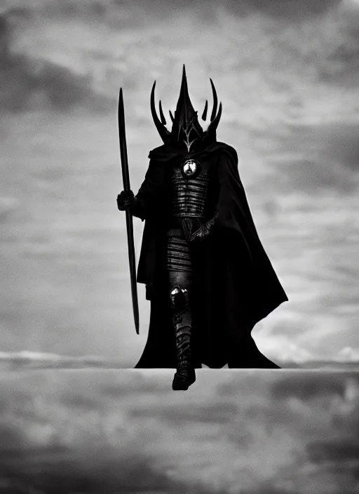 Prompt: the dark lord sauron, in the style of akira kurosawa, cinema, sharp focus, black and white, film grain, photographic