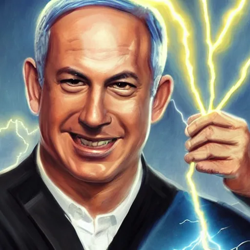 Image similar to portrait of benjamin netanyahu grinning while holding lightning bolts with his hands, superhero art, by artgerm and greg rutkowski