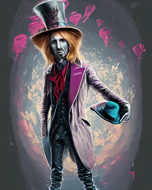 Image similar to tom petty as the mad hatter, contrast, kim jung gi, greg rutkowski, zabrocki, karlkka, jayison devadas, trending on artstation, 8 k, ultra wide angle, zenith view, pincushion lens effect