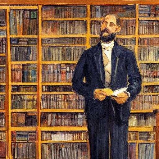 Prompt: a painting of a man in a suit in a city of bookshelves by harriet backer, trending on artstation