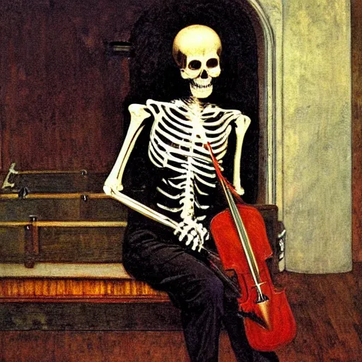Prompt: portrait painting of a skeleton seated while playing violin, chiaroscuro, wooden interior walls, gothic and moody, Carlos Schwabe, Arnold Bocklin
