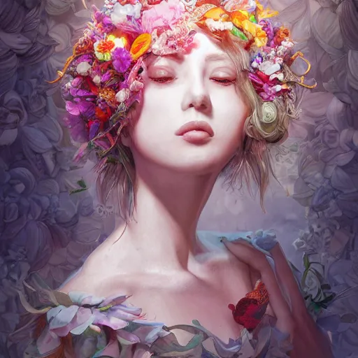 Image similar to the portrait of an absurdly beautiful, graceful, elegant, chaste, young woman made of petals looking up, an ultrafine detailed illustration by kim jung gi, irakli nadar, intricate linework, bright colors, octopath traveler, final fantasy, angular, unreal engine 5 highly rendered, global illumination, radiant light, detailed and intricate environment