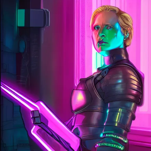 Image similar to photorealistic cyberpunk brienne of tarth, iridescent neon