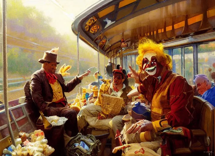 Image similar to a clown selling goodies on the train, highly detailed painting by gaston bussiere, craig mullins, j. c. leyendecker 8 k