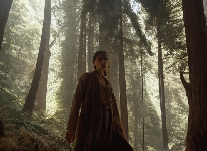 Image similar to First image from Paul Thomas Anderson's new film Big Sur, starring Sofia Boutella and Rupert Friend. Cinematography by Michael Bauman, shot on Kodak Vision 200T. 8k print.