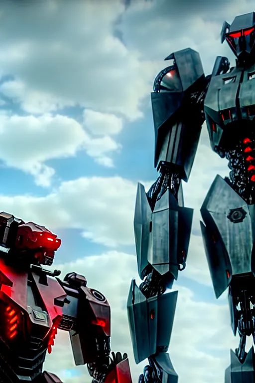 Image similar to a cinematic still from pacific rim and westworld, full body red mech, armored core, intact humanoid servo, octane render, nvidia raytracing demo, masterpiece, aged armor plating, decipticon armor plating, aggressive head, endoekeleton exposure