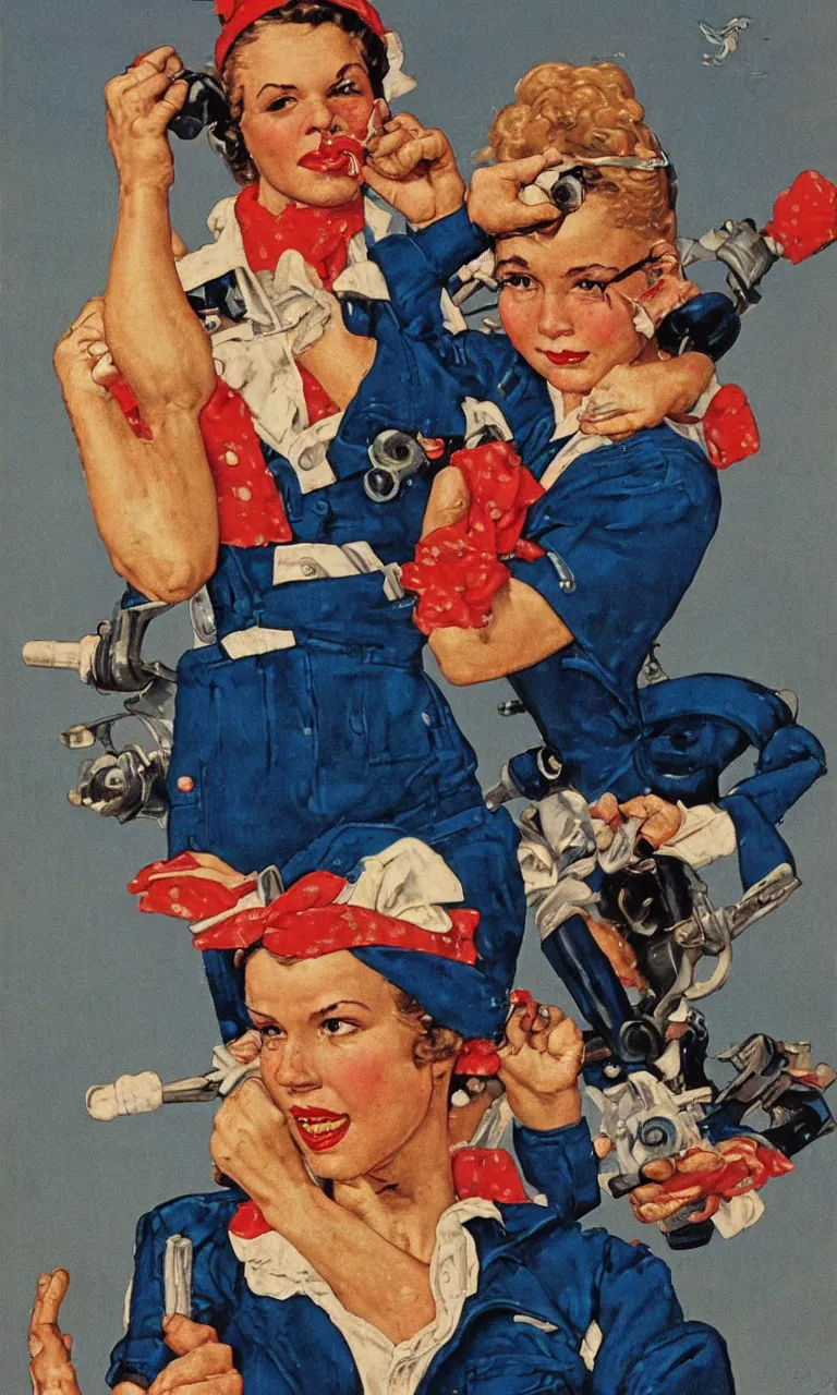 Prompt: ” a photo of a alicia wikander in style of of norman rockwell painting rosie the riveter ”