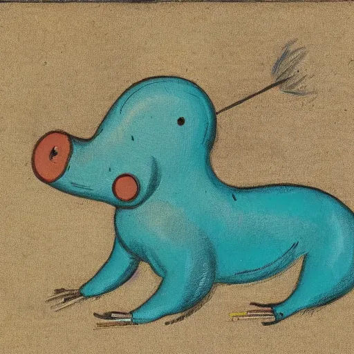 Image similar to a small turquoise sausage - shaped creature with two outstretched stick - like heads from the front of his body in costume