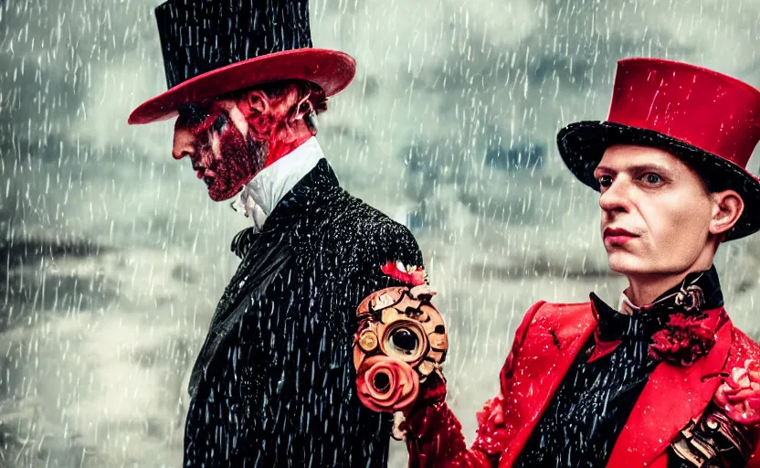 Image similar to cinestill 5 0 d candid photographic portrait by david cronenberg of baroque steampunk cyborg gentleman wearing a red edwardian suit and top hat, floral growths, modern cyberpunk moody emotional cinematic, closeup, pouring rain menacing lights shadows, 8 k, hd, high resolution, 3 5 mm, f / 3 2, ultra realistic faces, ex machina