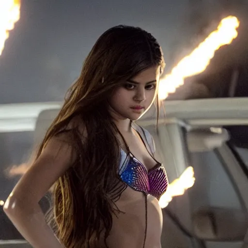 Image similar to High quality movie still of Selena Gomez in Michael Bay's Transformers