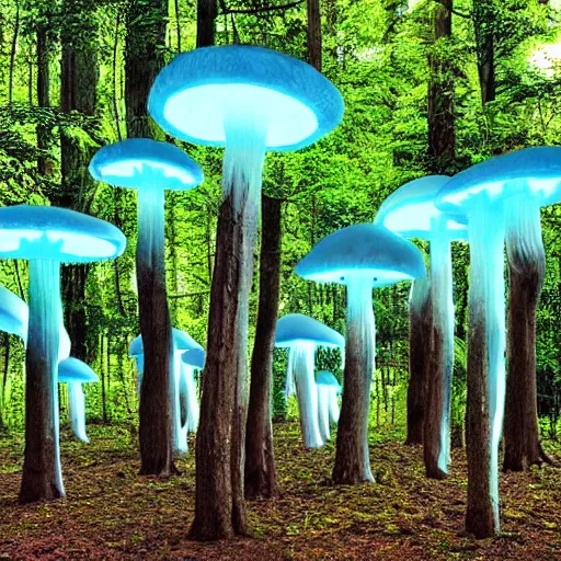 Prompt: a forest full of giant bioluminescent mushrooms