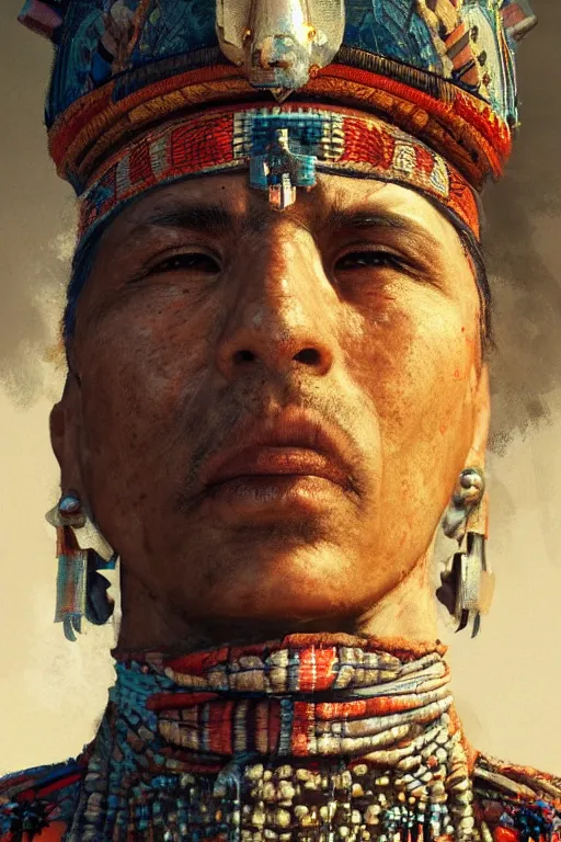 Image similar to aztec priest, close - up portrait, devoted, intricate, elegant, volumetric lighting, scenery, digital painting, highly detailed, artstation, sharp focus, illustration, concept art, ruan jia, steve mccurry