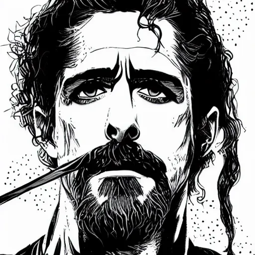 Image similar to black and white pen and ink!!!! rugged royal! golden dawn goetic Frank Zappa x Ryan Gosling golden!!!! Vagabond!!!! floating magic swordsman!!!! glides through a beautiful!!!!!!! battlefield dramatic esoteric!!!!!! pen and ink!!!!! illustrated in high detail!!!!!!!! by Junji Ito and Hiroya Oku!!!!!!!!! graphic novel published on 2049 award winning!!!! full body portrait!!!!! action exposition manga panel black and white Shonen Jump issue by David Lynch and Frank Miller beautiful line art Hirohiko Araki-s 150