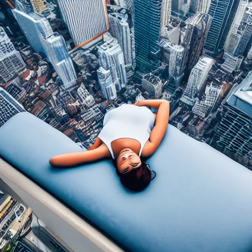 Prompt: a woman laying down on a flying mattress, she is looking down on the buildings far below her, uhd, 8k, dreamy, photo, hyper detailed,