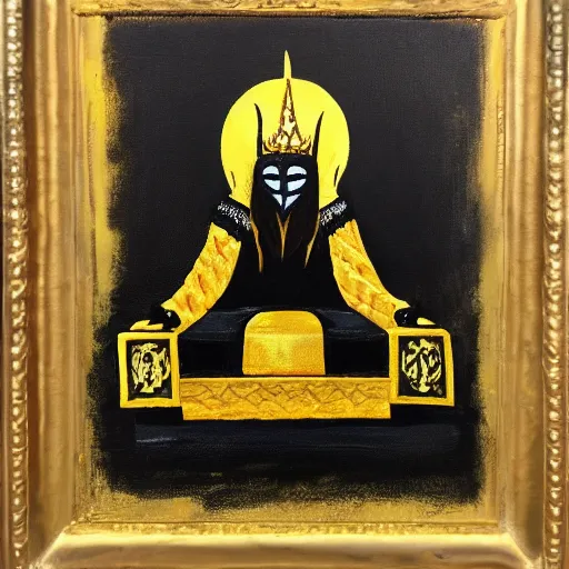 Prompt: eldritch king dressed in mask and robes sitting on a throne, gold yellow and black colour scheme, canvas, oil paint style