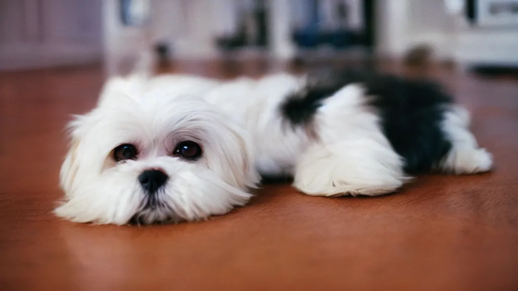 Image similar to white shih tzu dog laying on a hardwood floor, Cinestill 800t film photo