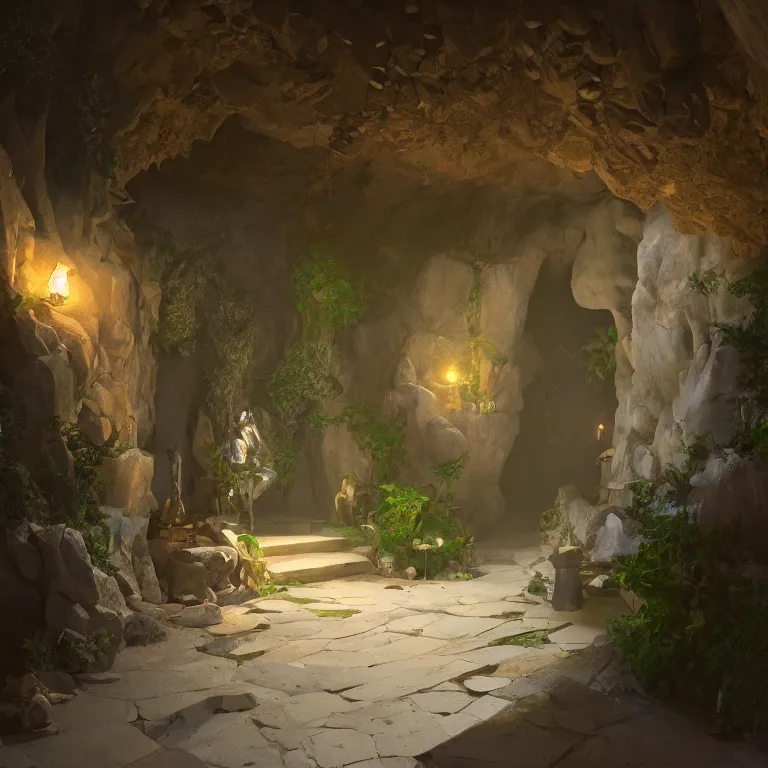 Image similar to secret overwatch hallway for living quarters carved inside a cave surrounding a lush garden, trimmed, magical, natural light, clean lines, cozy, fantasy, minimalist architecture, sharp focus, concept art, by greg rutkowski and craig mullins,, octane render 8 k