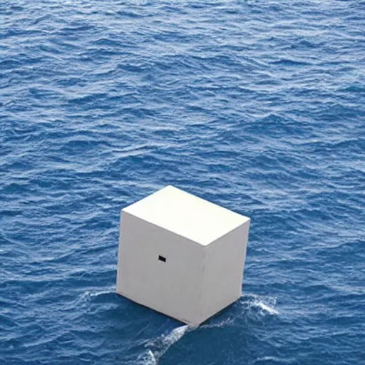 Prompt: a cube in the middle of the sea in the style of richard serra