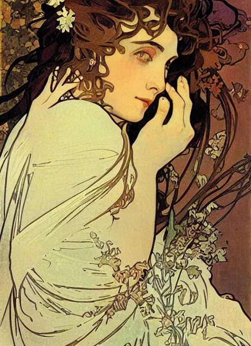 Image similar to a beautiful lady by alphonse mucha, art noveau, detailed