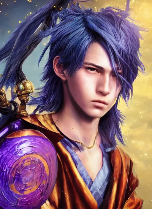 Image similar to An epic fantasy comic book style portrait painting of teenager boy with straight indigo hair, purple eyes with red eye markers, slim body, wearing a detailed Japanese kimono with golden armpieces, holding a pair of fans. Unreal 5, DAZ, hyperrealistic, octane render, cosplay, RPG portrait, dynamic lighting