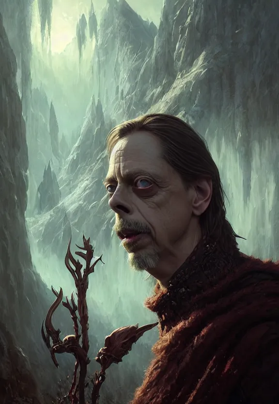 Prompt: highly detailed medium shot portrait of steve buscemi as a fantasy warlock, in skyrim, stephen bliss, unreal engine, fantasy art by greg rutkowski, loish, rhads, ferdinand knab, makoto shinkai and lois van baarle, ilya kuvshinov, rossdraws, tom bagshaw, global illumination, radiant light, detailed and intricate environment