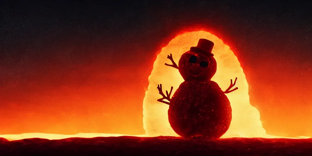 Prompt: a melted glowing snowman melting on top of the sun. the ground is made of fire and lava and is glowing orange. cinematic, dramatic, epic, volumetric lighting, atmospheric, red, orange extremely coherent, 8 k, space, warm, blade runner 2 0 4 9